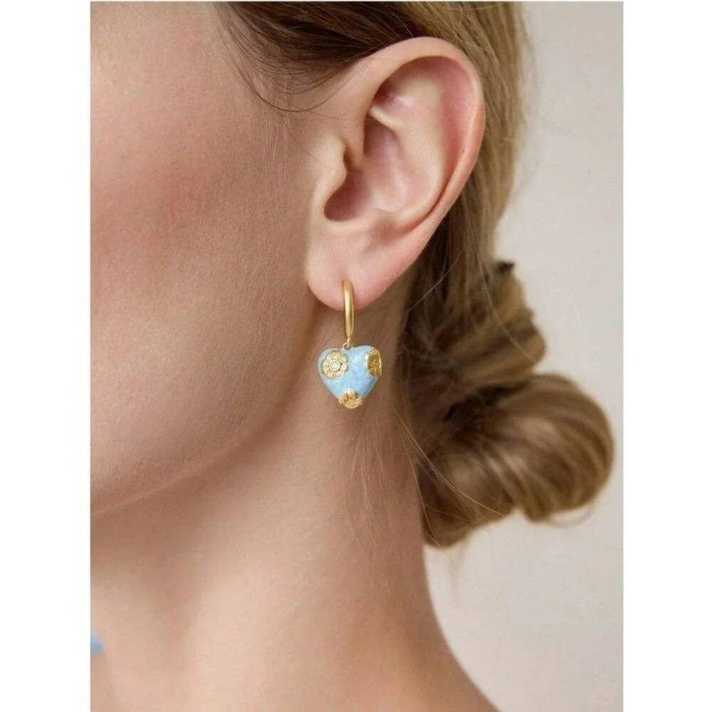 Gold-Plated Heart Hoop Earrings With Blue Enamel & Floral Detailing - Picture 2 of 6